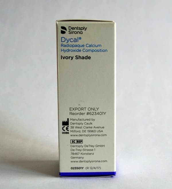 Dentsply Sirona Dycal Radiopaque Calcium Hydroxide Composition box side view – Ivory Shade label – Export Only Reorder 623401Y – CE 0086 marked – Manufactured by Dentsply Caulk Milford DE USA – EC REP Dentsply DeTrey GmbH Konstanz Germany – dental pulp capping liner material
