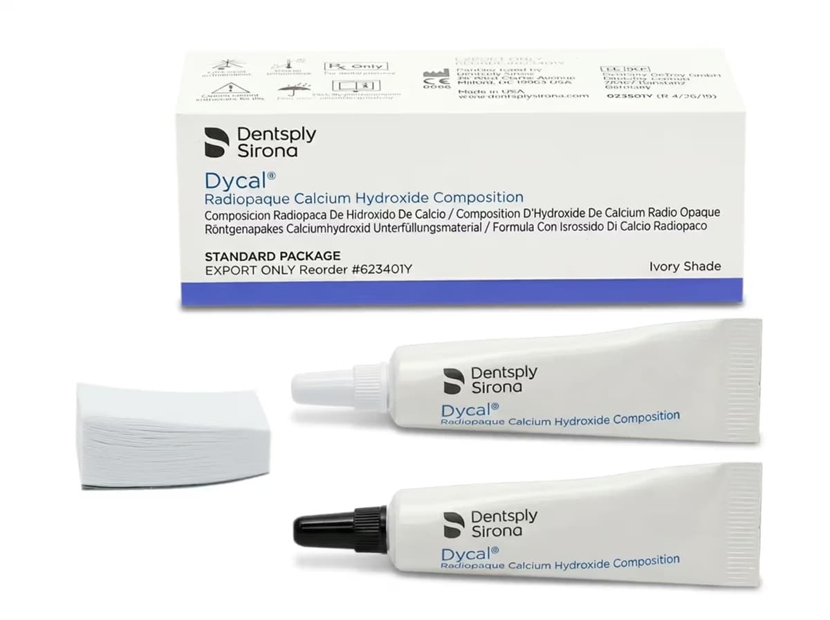 Dentsply Sirona Dycal Radiopaque Calcium Hydroxide Composition Standard Package Ivory Shade – white retail box with Base 13g and Catalyst 11g dental tubes and mixing pad – Export Only Reorder 623401Y – dental pulp capping and cavity liner material by Dentsply Sirona USA worldwide
