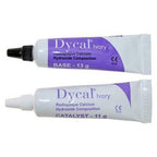 Dentsply Sirona Dycal Ivory dental calcium hydroxide composition tubes close-up – Base 13g tube with black cap and Catalyst 11g tube with white cap – purple Dycal Ivory label – CE 0120 marked – radiopaque dental pulp capping liner for direct and indirect pulp capping by Dentsply Sirona worldwide
