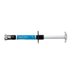 GC everX Flow dental composite syringe close-up – teal blue labeled 3.7g 2.0mL syringe with black curved dental applicator tip attached – short fibre reinforced flowable dental composite for bulk fill posterior restorations by GC Corporation Japan
