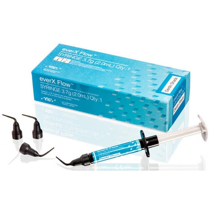GC everX Flow dental short fibre reinforced flowable composite syringe 3.7g 2.0mL Dentin Shade – teal blue GC box with syringe and 3 black curved dental applicator tips – bulk fill dental composite for posterior restorations by GC Corporation Japan worldwide
