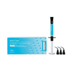 GC everX Flow dental flowable composite Dentin Shade syringe 3.7g 2.0mL – teal blue GC box with upright dental syringe and 3 black curved applicator tips – short fibre reinforced dental composite for posterior cavity base and bulk fill restorations by GC Japan worldwide

