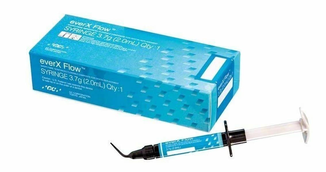 GC everX Flow dental flowable composite retail box angled view – teal blue GC Corporation Japan box labeled everX Flow Syringe 3.7g 2.0mL Qty 1 – with dental syringe and curved black applicator tip – short fibre reinforced dental composite for dentists worldwide
