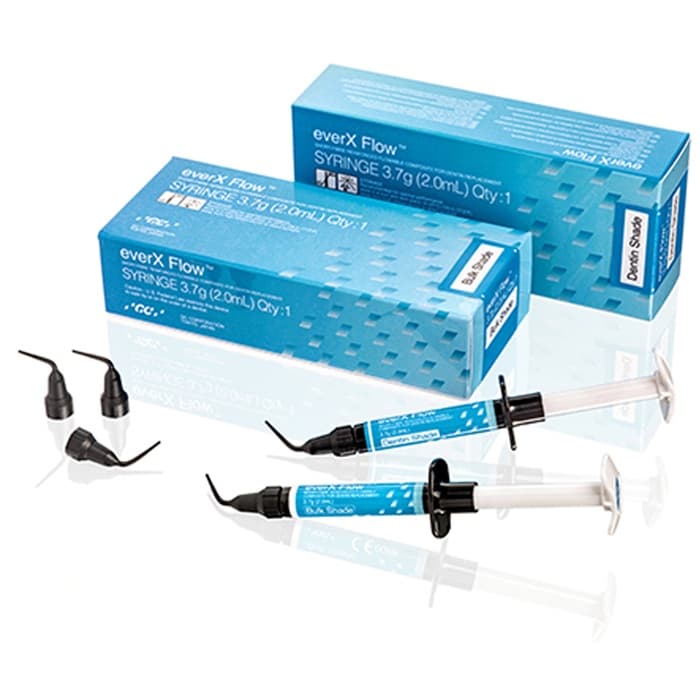 GC everX Flow dental flowable composite two syringe pack – Dentin Shade and Bulk Shade – two teal blue GC boxes each containing 3.7g 2.0mL syringe with curved dental applicator tips – short fibre reinforced dental composite for bulk fill posterior restorations worldwide

