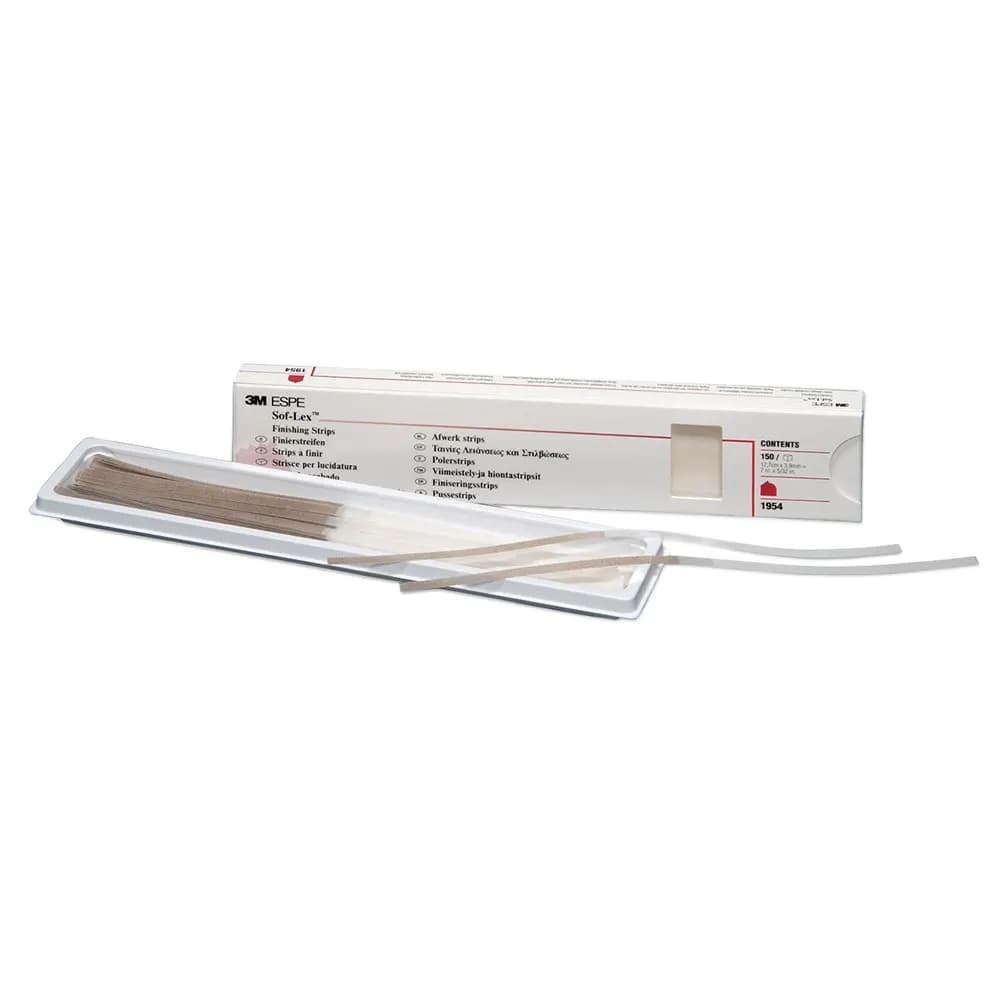 3M ESPE Sof-Lex Finishing Strips Refills complete pack – box with open tray and strips fanned out, 150 strips per box REF 1954
