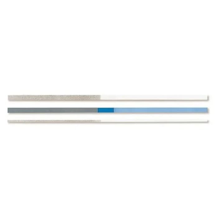 3M ESPE Sof-Lex Finishing Strips individual strip view – showing center gap and dual abrasive grit zones in grey and blue color coding
