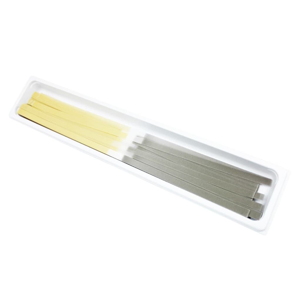 3M ESPE Sof-Lex Finishing Strips close-up showing dual grit strips – yellow fine grit and grey coarse grit in refill tray
