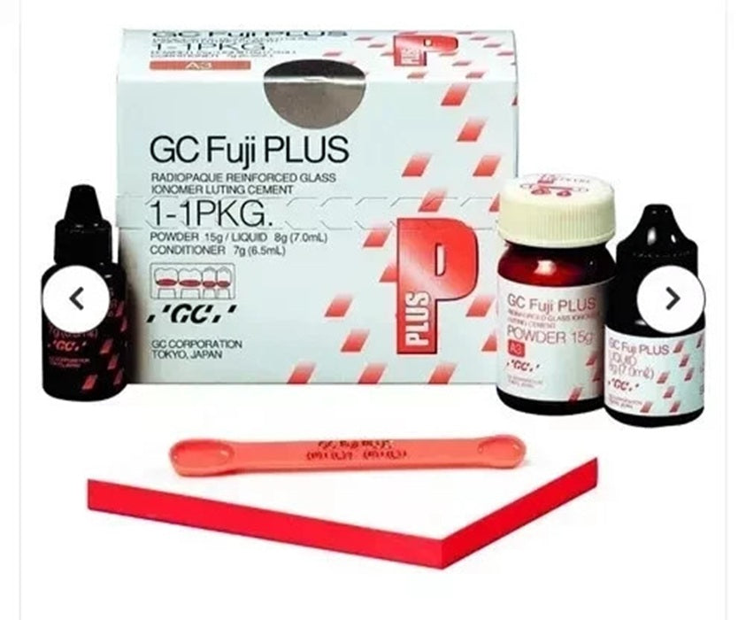 Dental glass ionomer luting cement GC Fuji PLUS complete kit for crown and bridge cementation with powder liquid and conditioner