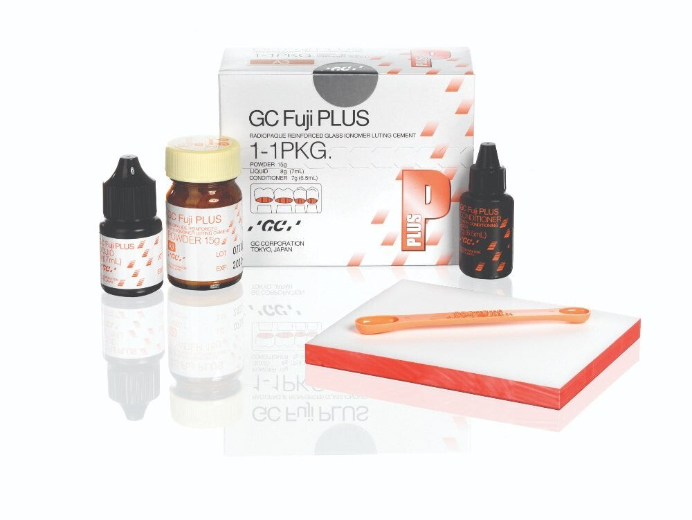 GC Fuji PLUS Radiopaque Reinforced Glass Ionomer Luting Dental Cement Complete Kit for Dental Clinics – 1-1PKG Powder 15g Liquid 8g Conditioner 7g Spoon and Mixing Pad by GC Corporation Tokyo Japan
