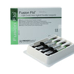Prevest DenPro Fusion Flo nano hybrid flowable composite pack contents – 4 syringes and 20 applicator tips – for minimally invasive dentistry by dental professionals

