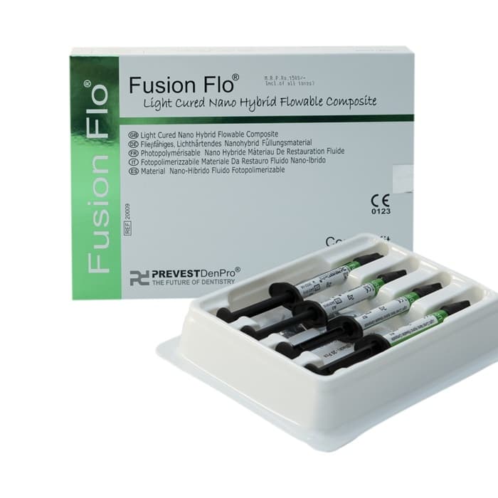 Prevest DenPro Fusion Flo nano hybrid flowable composite pack contents – 4 syringes and 20 applicator tips – for minimally invasive dentistry by dental professionals
