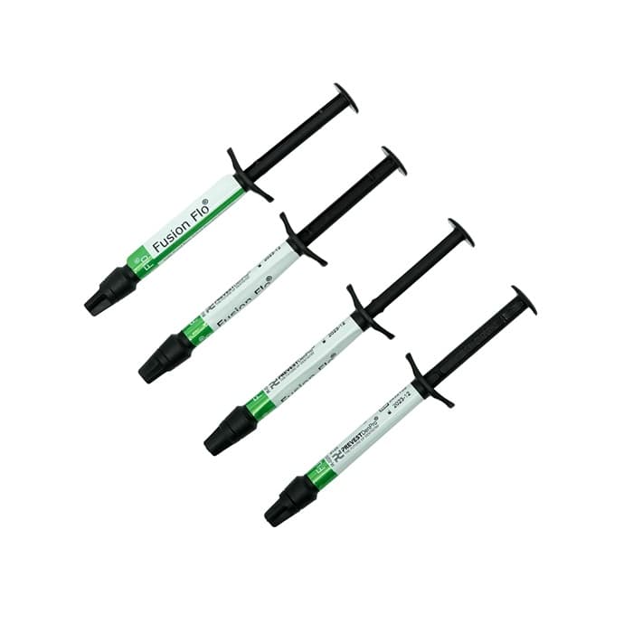 Prevest DenPro Fusion Flo composite syringe close-up – liner and base under posterior composites, repair of veneers and composite fillings in dental clinics
