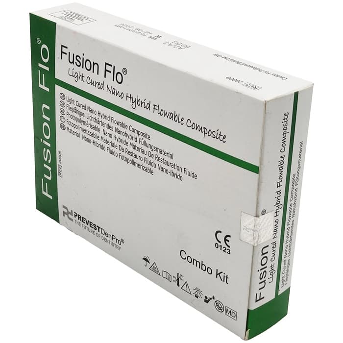 Prevest Fusion Flo light-cured flowable composite 4x2g kit – 40 second cure time, 150-200 MPa compressive strength – for professional dental restorations worldwide
