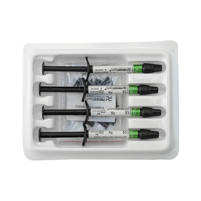 Prevest DenPro Fusion Flo flowable composite syringes with applicator tips – light-cured nano hybrid restorative for Class III IV V restorations by dental professionals
