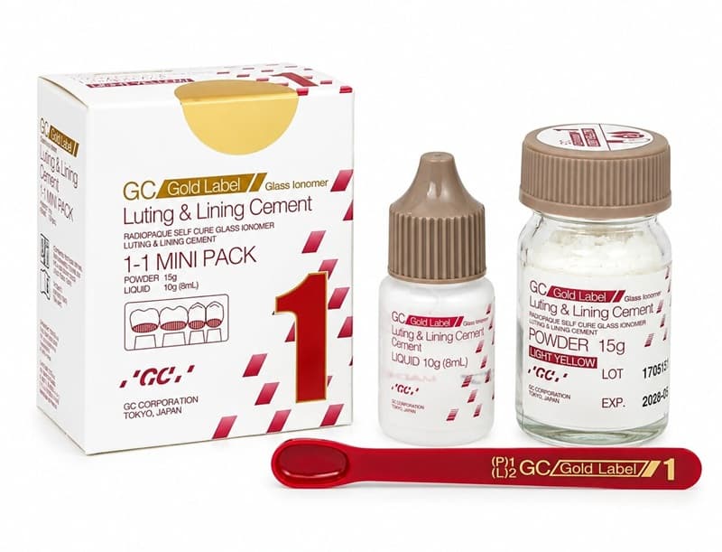 GC Gold Label 1 Glass Ionomer Luting and Lining Dental Cement 1-1 Mini Pack for Dentists – Powder 15g Light Yellow and Liquid 10g 8mL with Red Measuring Spoon, Radiopaque Self-Cure GIC by GC Corporation Tokyo Japan
