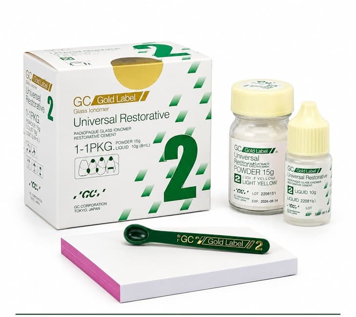 GC Gold Label 2 Big Pack powder and liquid bottles with measuring spoon and mixing pad – self-cure glass ionomer restorative for anterior and posterior dental restorations in clinics
