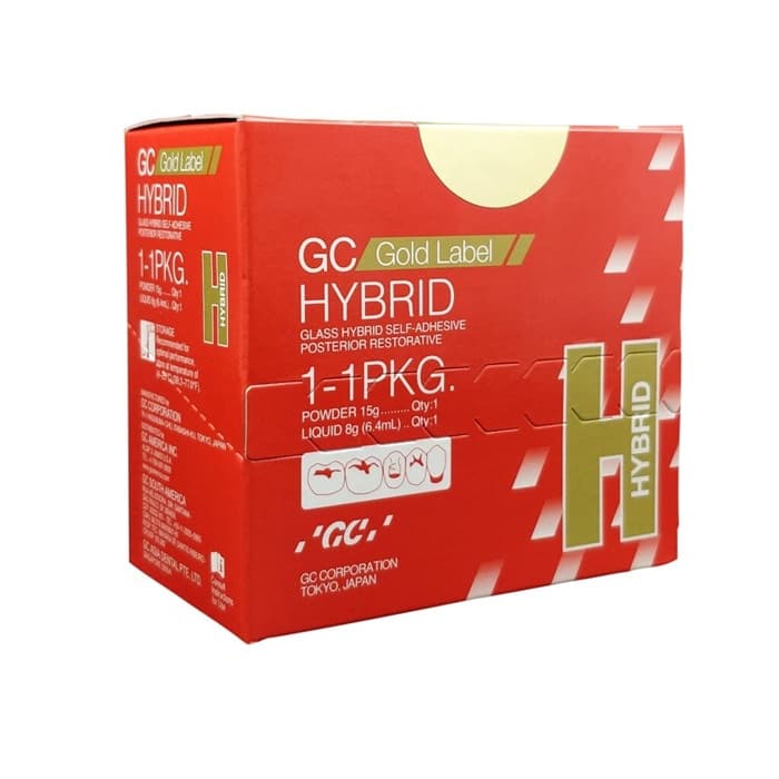 GC Gold Label Hybrid powder and liquid bottles with mixing pad and spatula – advanced glass hybrid restorative for posterior dental restorations in clinics and hospitals
