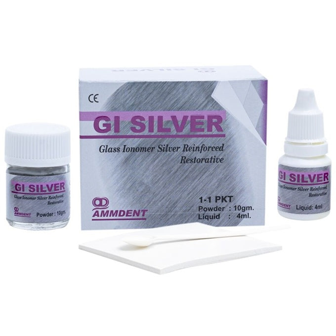 GI Silver by Ammdent 10gm + 4ml – Trusted Silver Reinforced Glass Ionomer Cement for Posterior Restorations in Dental Clinics Worldwide