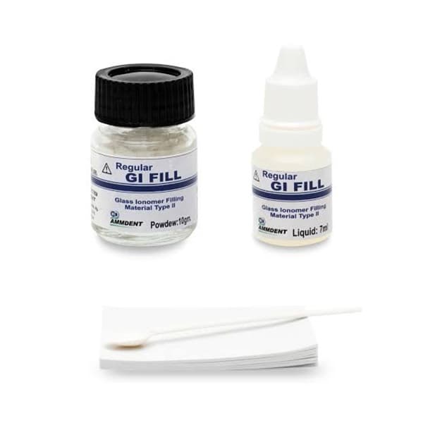 Ammdent GI Fill Regular dental glass ionomer cement packaging with powder jar and liquid bottle