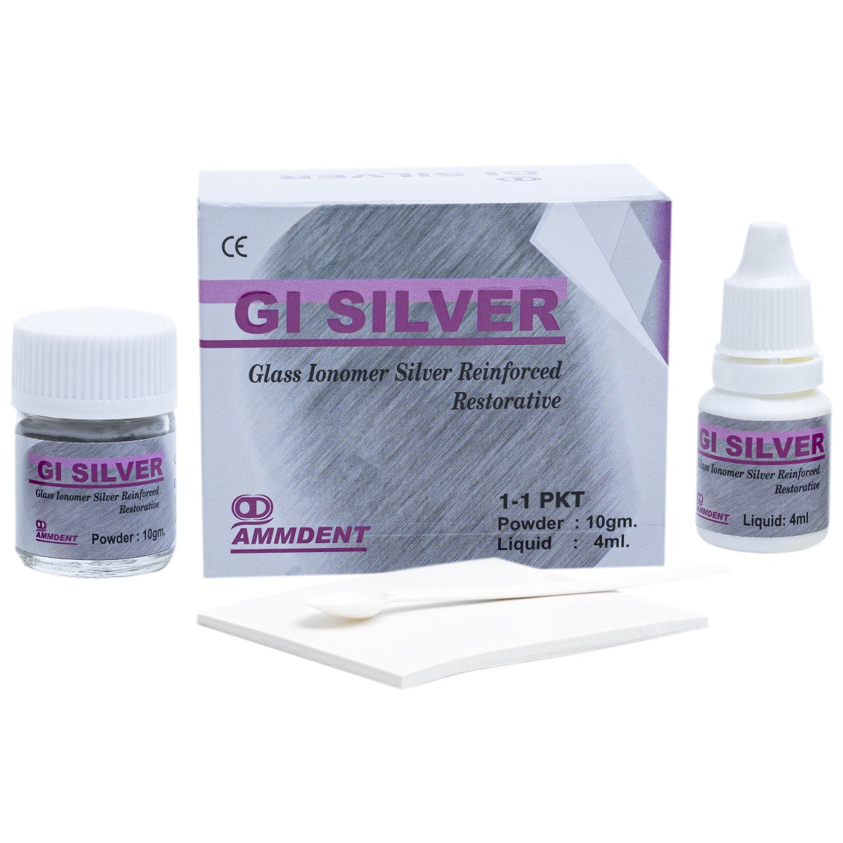 Ammdent GI Silver Glass Ionomer Silver Reinforced Restorative – 10gm powder bottle, 4ml liquid bottle with mixing pad and spatula