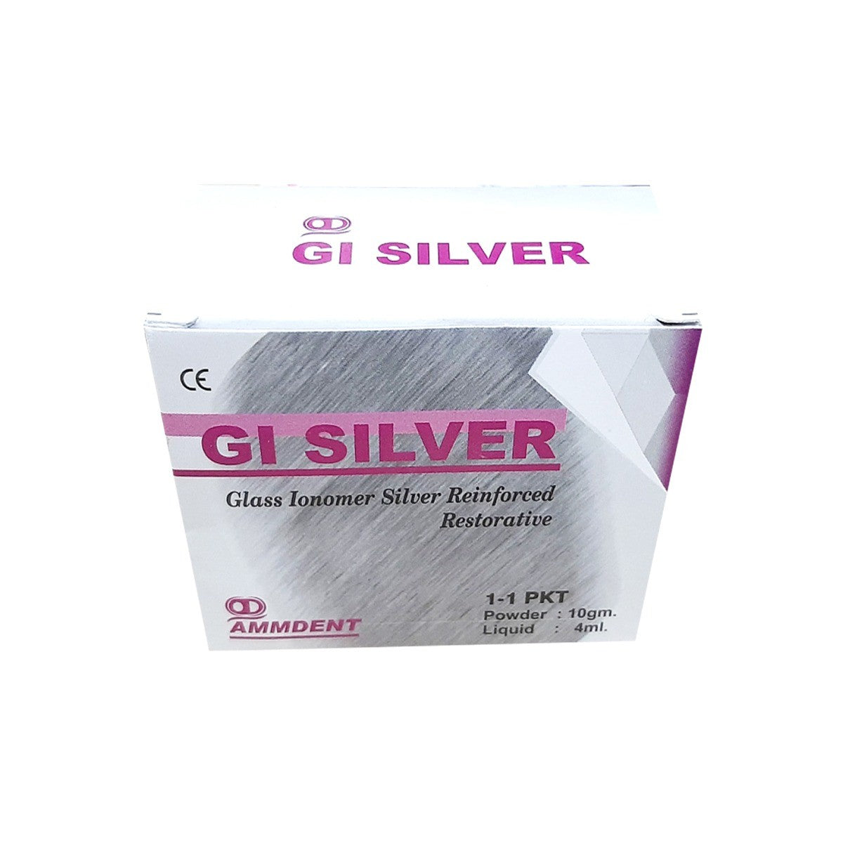 Ammdent GI Silver 1-1 PKT packaging box – Glass Ionomer Silver Reinforced Restorative, CE certified dental material
