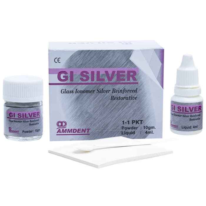 GI Silver Glass Ionomer Silver Reinforced Restorative by Ammdent – 10gm Powder 4ml Liquid Kit
