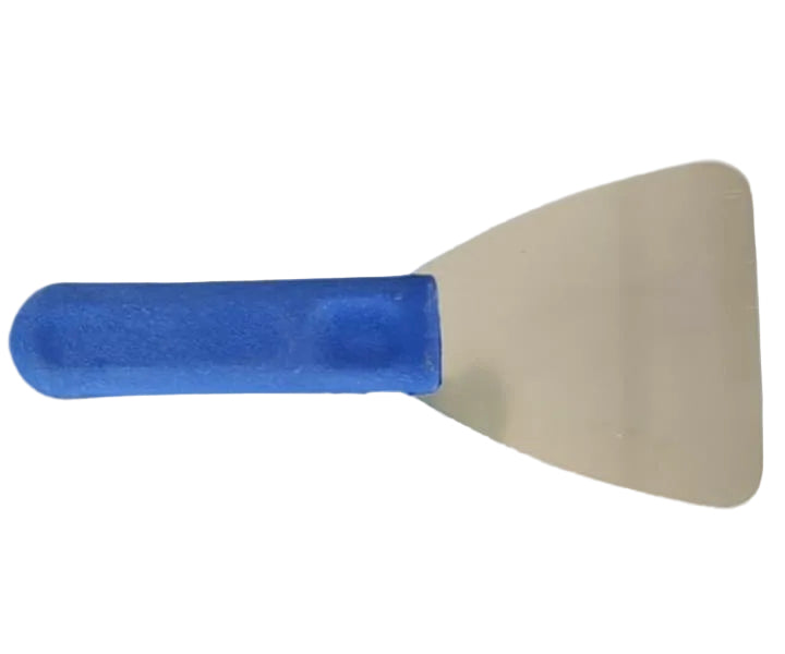 Dental Wax Paddle Lab Instrument with stainless steel triangular blade and blue plastic handle – used for wax manipulation in denture fabrication,
