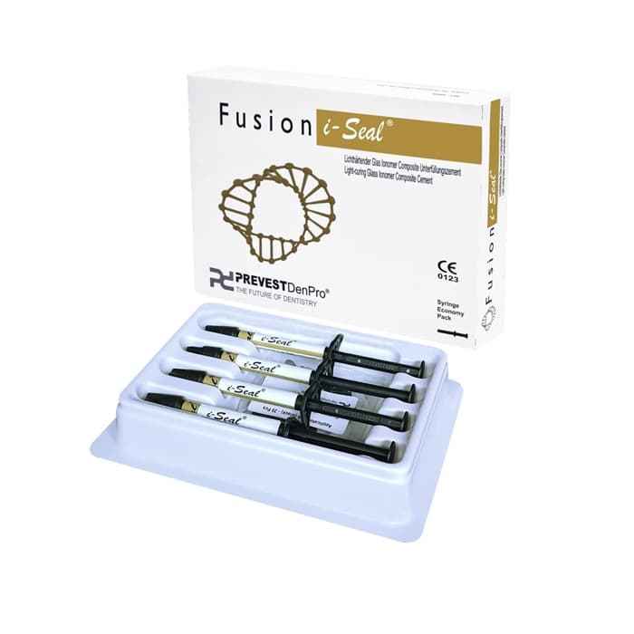 Fusion i-Seal glass ionomer cement by Prevest DenPro – light-curing GIC syringe economy pack 4x2g