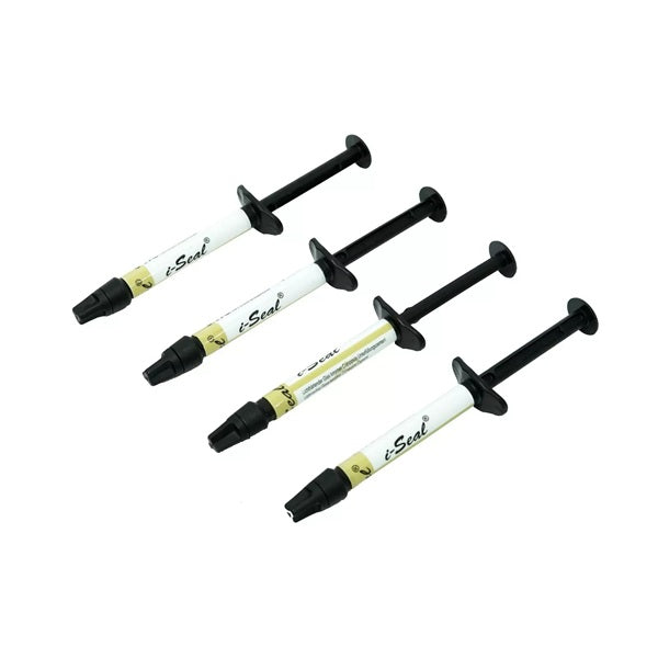 Prevest DenPro Fusion i-Seal – 4 Light-Curing Glass Ionomer Composite Syringes Close-Up, i-Seal Label Visible, Economy Pack Contents
