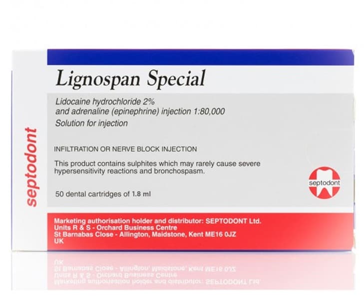 Septodont Lignospan Special Box Front Label for Dental Professionals – Lidocaine Hydrochloride 2% with Adrenaline 1:80000 Solution for Injection, 50 Dental Cartridges 1.8ml by Septodont UK
