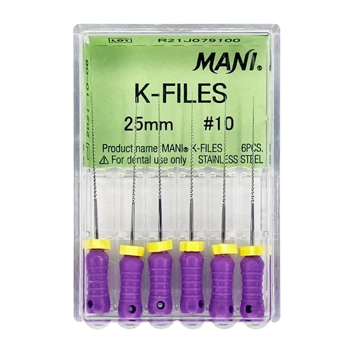Mani K-Files Stainless Steel Endodontic Hand Files – Size No 10, 25mm working length – 6 pcs in clear plastic case with purple color-coded handles – ISO standard stainless steel root canal preparation files for dental professionals worldwide
