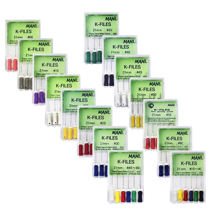 Mani K-Files dental stainless steel endodontic root canal files 21mm complete size range – multiple green labeled packs showing sizes 06 08 10 15 20 25 30 35 40 45 50 55 60 and assorted 15-40 45-80 – color-coded handles pink grey purple white yellow red blue green – 6 pcs per pack – dental root canal files by Mani Inc Japan worldwide
