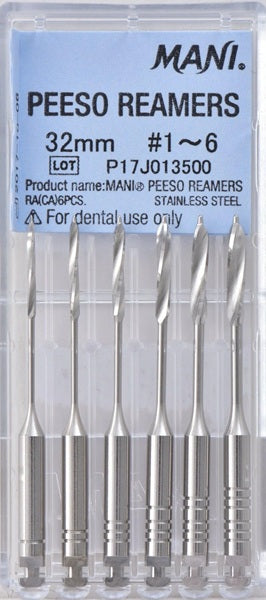 Peeso Reamers 32mm #1-6 Stainless Steel Set of 6 – Endodontic Post Space Preparation Reamers for Root Canal Treatment Worldwide