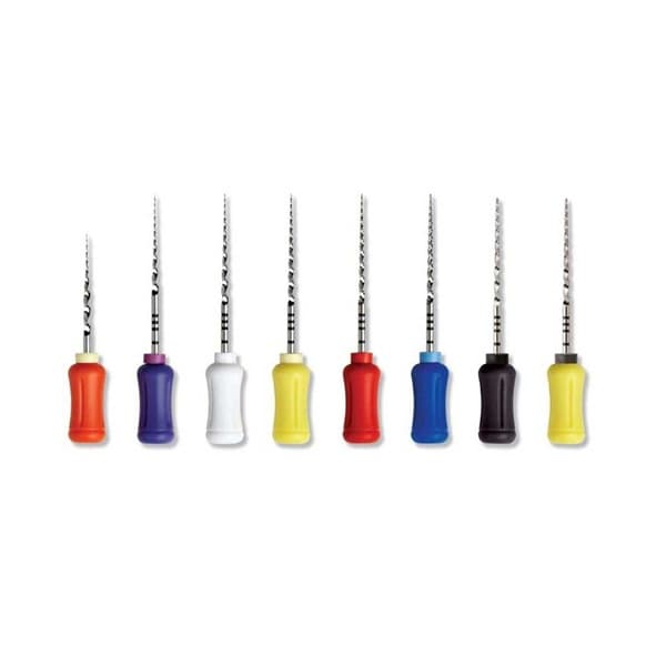 Dentsply Sirona ProTaper Universal dental NiTi endodontic hand files complete range – 8 files with color-coded handles orange purple white yellow red blue black yellow – SX S1 S2 F1 F2 F3 shaping and finishing dental root canal files by Dentsply Sirona worldwide
