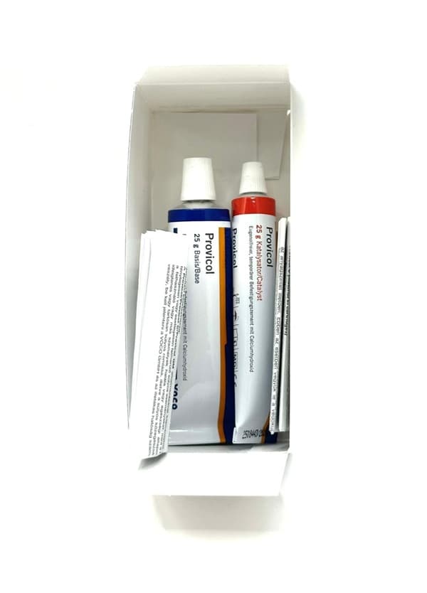 VOCO Provicol base and catalyst tubes inside open packaging box