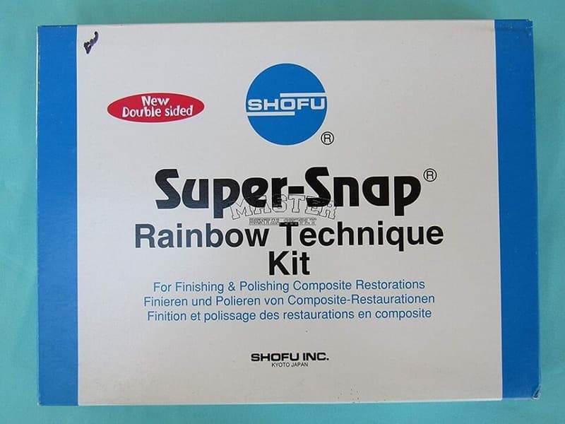 Shofu Super-Snap Rainbow Technique Kit dental polishing kit retail box – New Double Sided design – Shofu Inc Kyoto Japan – for finishing and polishing dental composite restorations – text in English French German – professional dental supply worldwide


