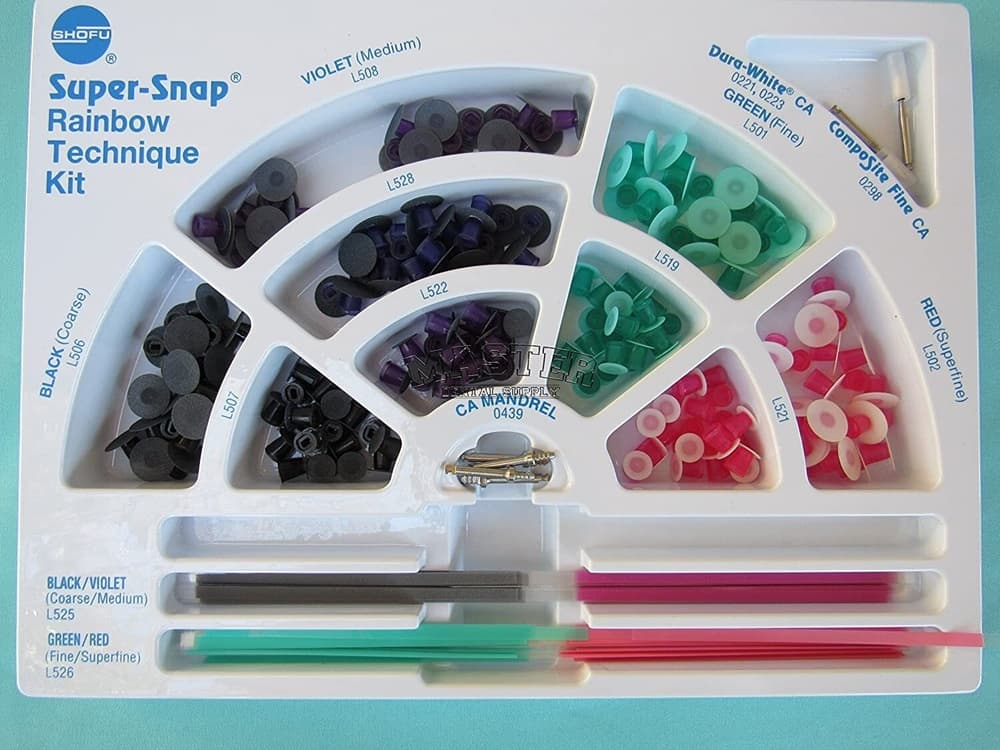 Shofu Super-Snap Rainbow Technique Kit dental polishing disc tray – all 8 compartments labeled – Black Coarse L506, Violet Medium L508, Blue L528, Purple L522, Dura-White CA, Green Fine L519, Composite Fine CA 0298, Red Superfine L502 – CA Mandrel 0439 – dental composite finishing system for dentists worldwide

