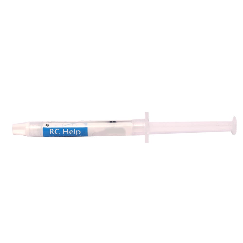 RC Help EDTA paste 3g syringe close-up – precise needle tip application for root canal lubrication in dental clinics and endodontic practices worldwide
