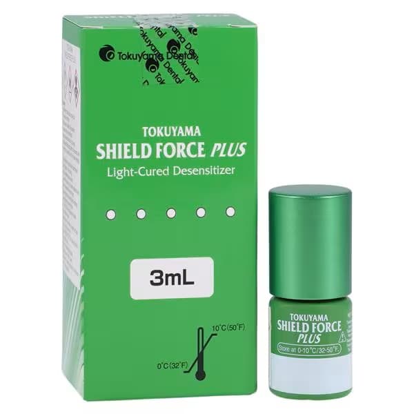 Tokuyama Shield Force Plus dental desensitizer 3mL – green box and green bottle with white label – light-cured dental desensitizer and protective sealant – store at 0-10
