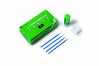 Tokuyama Shield Force Plus dental desensitizer kit contents – green box labeled Kit 1 bottle plus refills, 3mL green bottle, white mixing pad, and 4 blue micro applicator brushes – complete dental desensitizing sealant kit by Tokuyama Dental Japan

