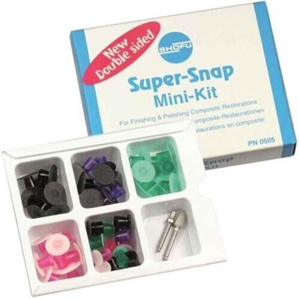 Shofu Super-Snap Mini-Kit - double sided polishing disc set with color-coded grits and mandrels in organized tray