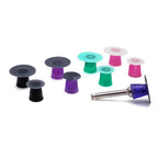 Shofu Super-Snap Mini-Kit dental polishing discs side view – color-coded discs in black, grey, purple, teal, green, pink, and white showing cup-shaped profile – 1 CA mandrel with blue disc attached – snap-on dental composite polishing discs for chairside use worldwide
