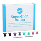 Shofu Super-Snap Mini-Kit dental polishing kit retail box – white and blue Shofu box labeled For Finishing and Polishing Composite Restorations in English French and German – with 6 color-coded dental polishing discs and 2 CA mandrels shown on front – Shofu Inc Japan
