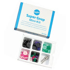 Shofu Super-Snap Mini-Kit dental polishing disc tray top view – 6 compartments with color-coded dental polishing discs in black coarse, purple medium, teal fine, pink superfine, green, and white – with 2 CA mandrels 0439 – dental composite finishing kit by Shofu Japan
