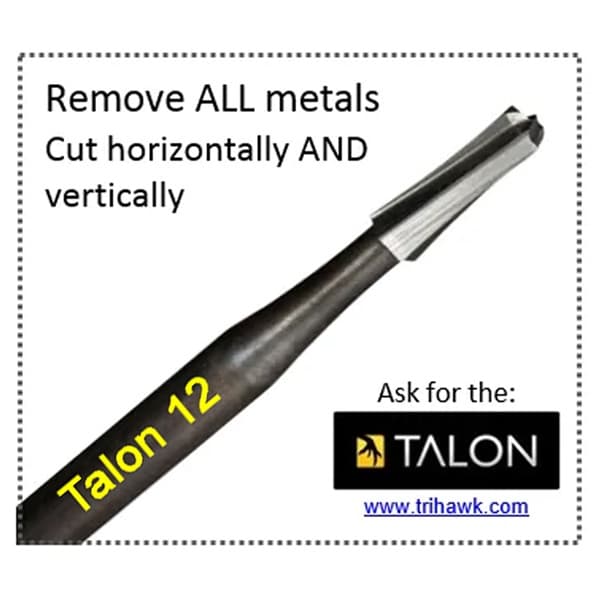TRI-HAWK Talon 12 dental bur in use for old crown and amalgam removal on molar tooth

